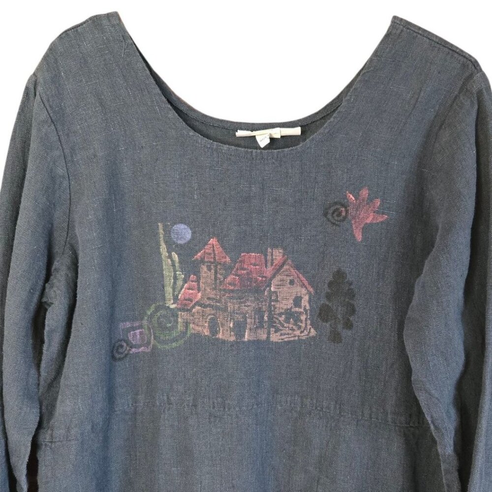 Vintage Lucky & Izzy M/L Linen Long Sleeve Dress Hand Painted Wearable Art Boho - Picture 6 of 13